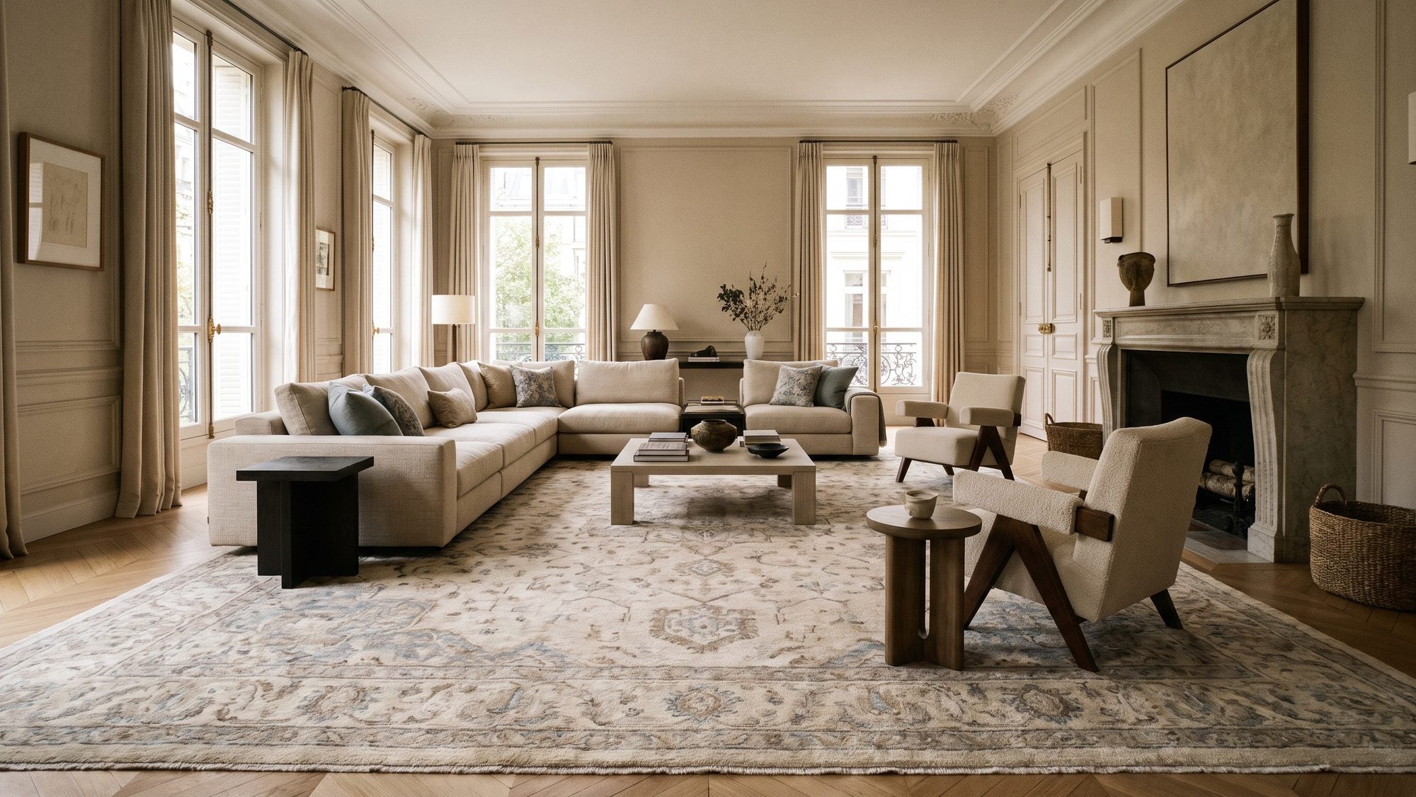 Grand tapis dans un salon spacieux avec canapé et table basse