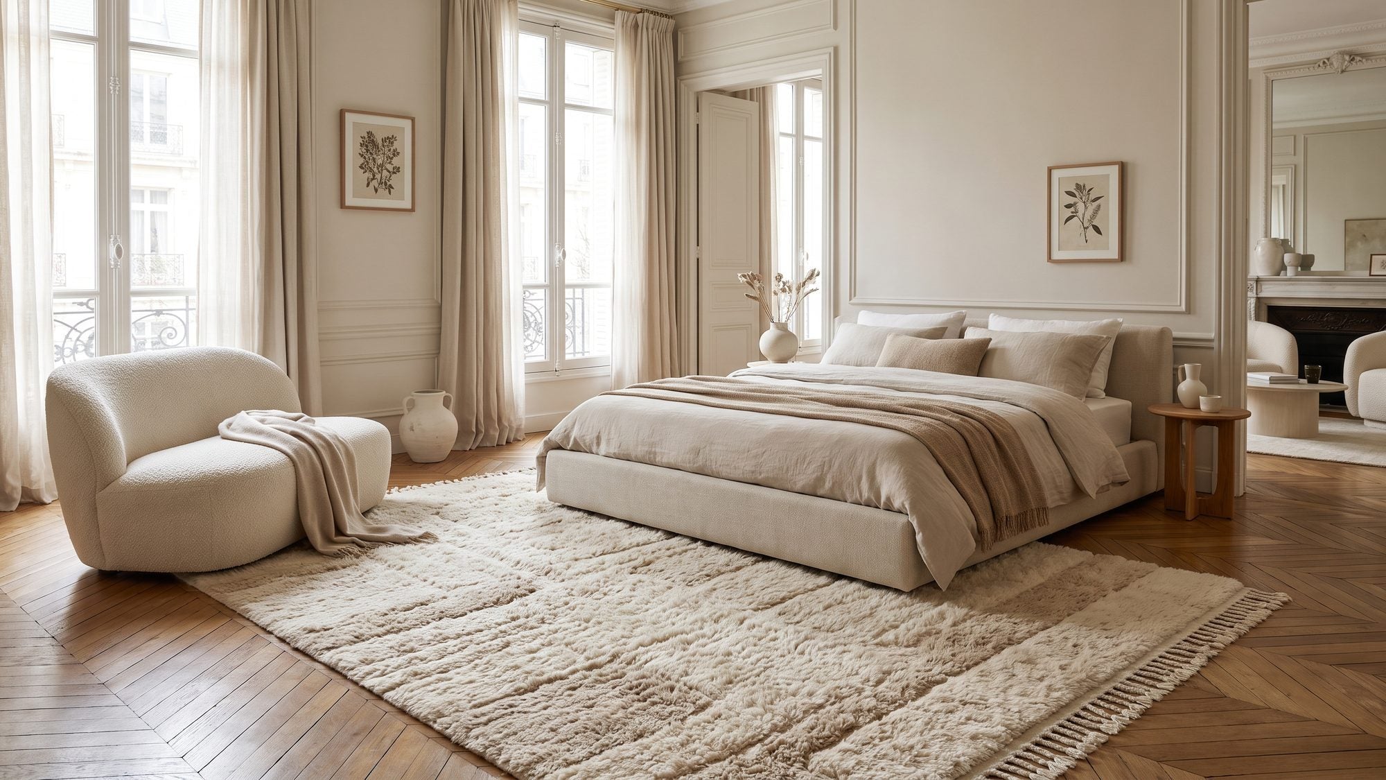 Tapis de chambre doux placé autour d’un lit dans une ambiance lumineuse