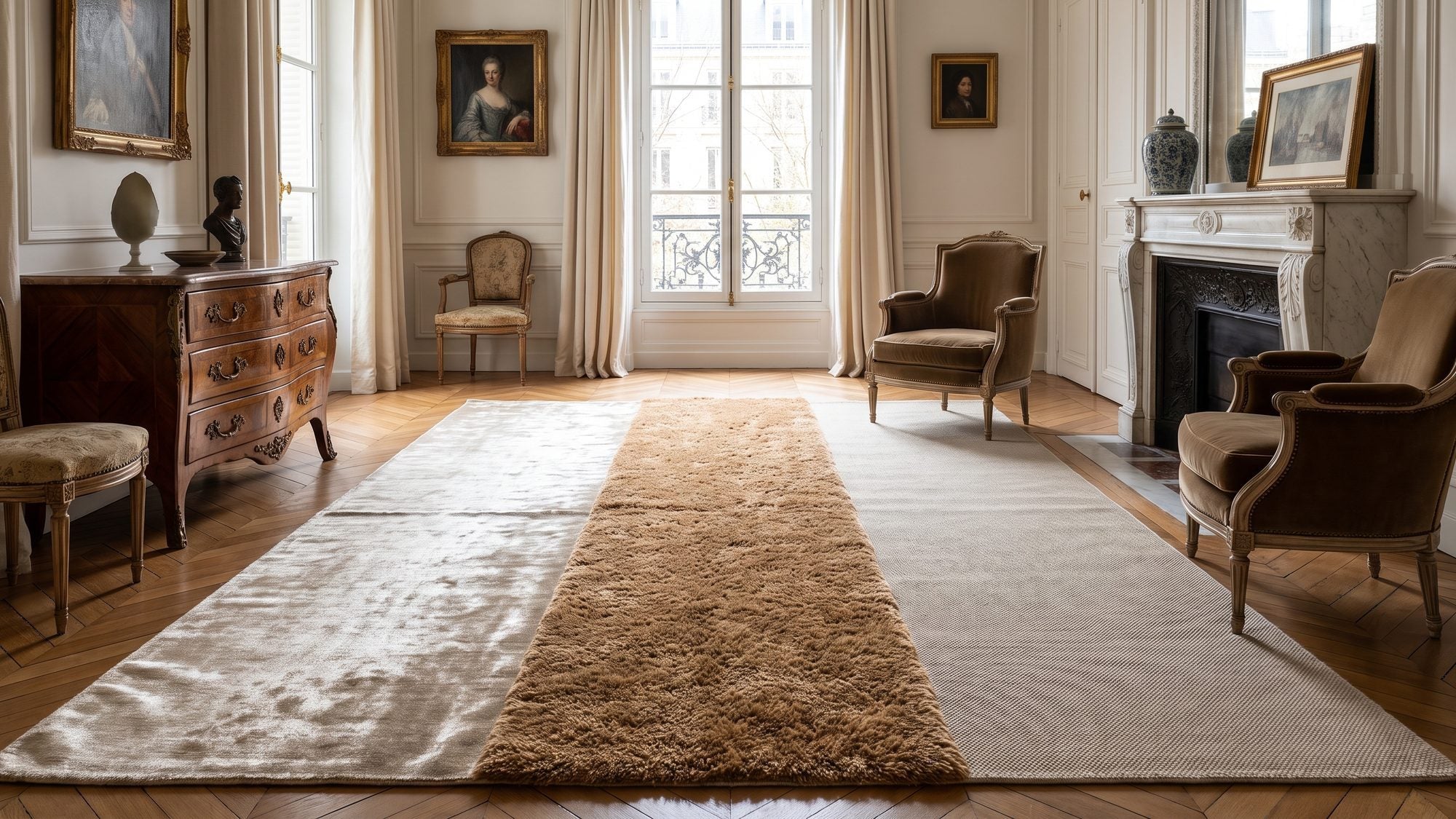 Comparaison de matières pour tapis dans un salon élégant