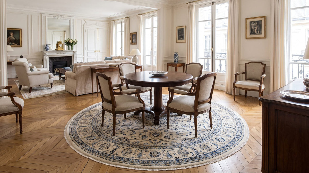 Tapis rond 200 cm sous une table dans un intérieur lumineux