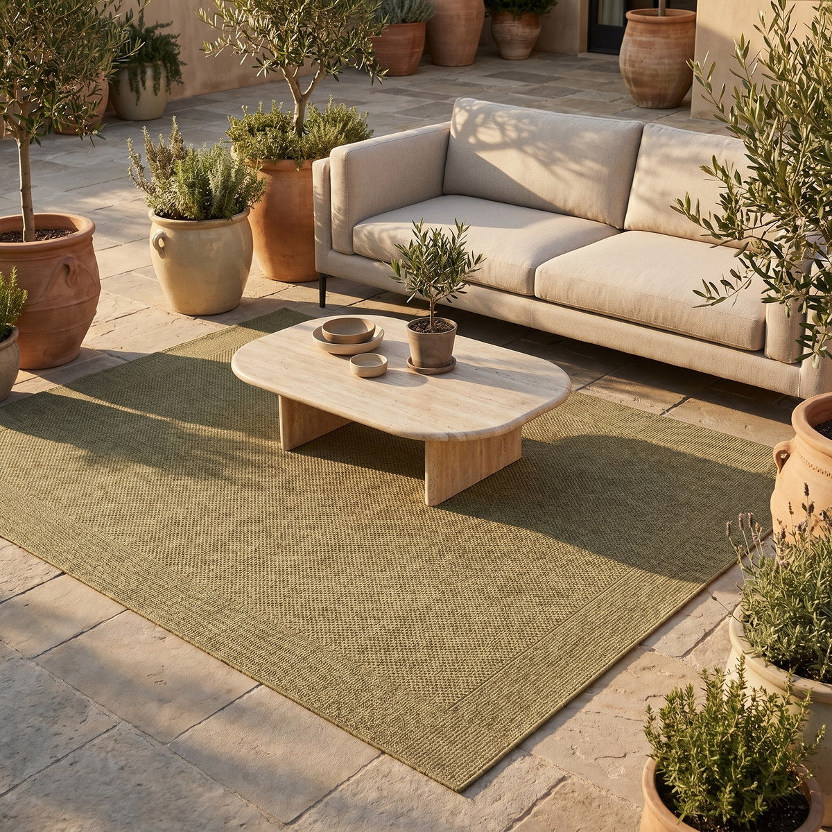 Tapis d’extérieur taupe facile d’entretien - Elena - ambiance terrasse 1