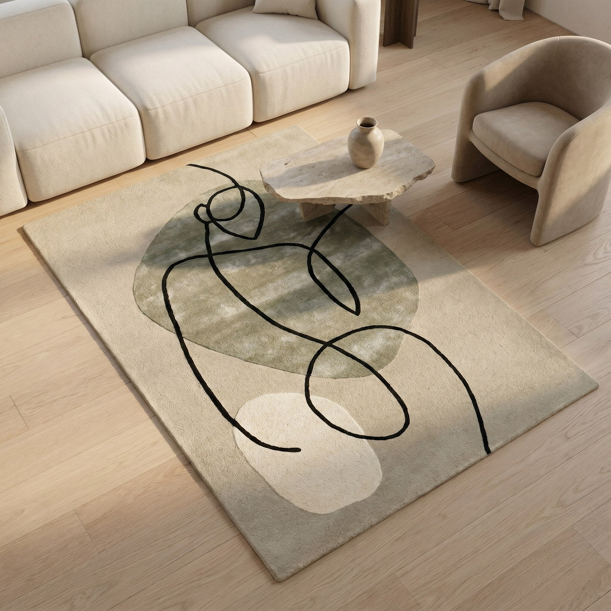 Tapis de salon en laine et viscose beige - Parma - ambiance salon 2