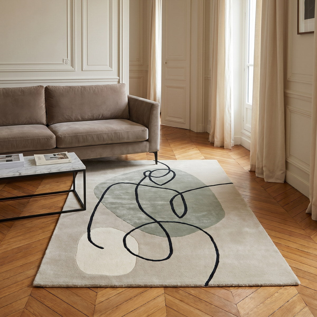 Tapis de salon en laine et viscose beige - Parma - ambiance salon 3