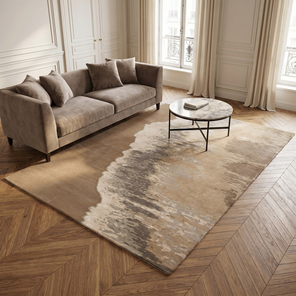 Tapis de salon en laine et viscose naturel - Todi - ambiance salon 3