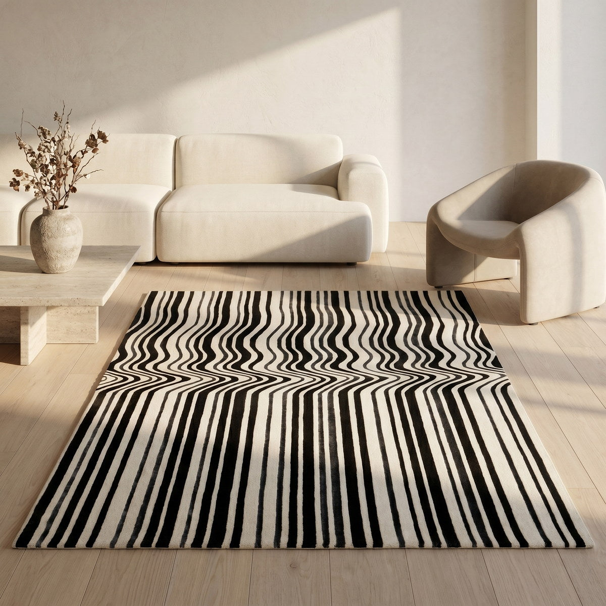 Tapis de salon en laine et viscose noir - Garda - ambiance salon 2