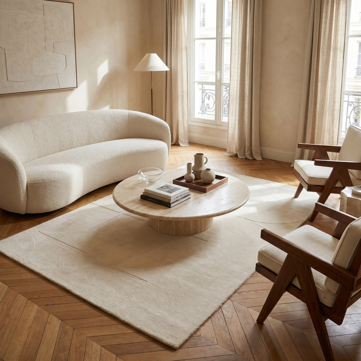 Tapis de salon en laine ivoire - Portofino - ambiance salon 1