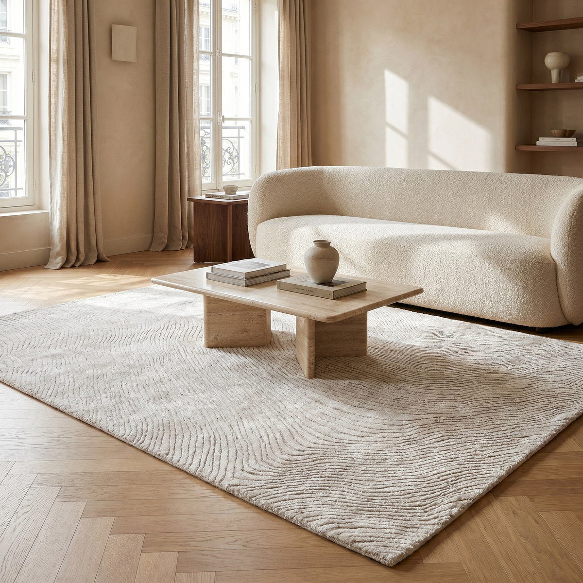 Tapis design en viscose beige - Giulia - ambiance salon 1