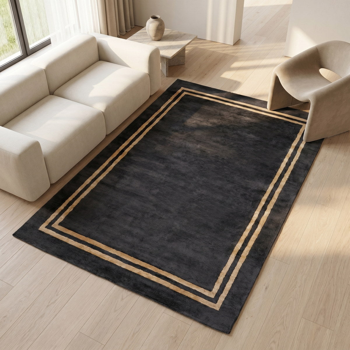 Tapis design en viscose noir - Salerno - ambiance salon 2