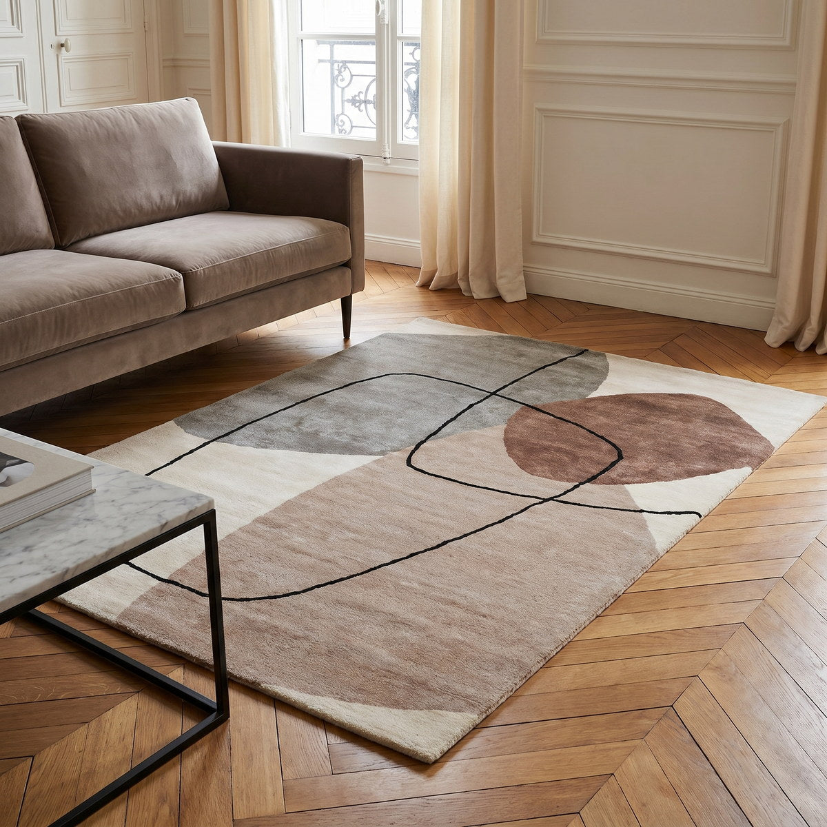 Tapis design en viscose sable - Enna - ambiance salon 3