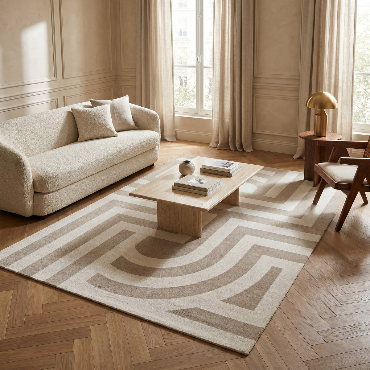 Tapis lavable art déco beige - Nerina - ambiance salon 1