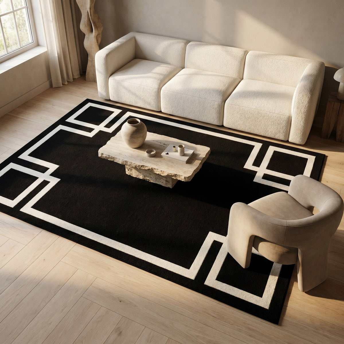 Tapis lavable art déco noir - Mantova - ambiance salon 2