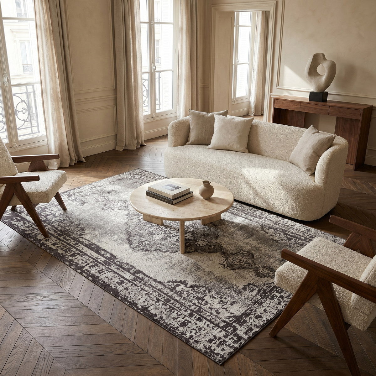Tapis lavable de salon argenté - Celestia - ambiance salon 1