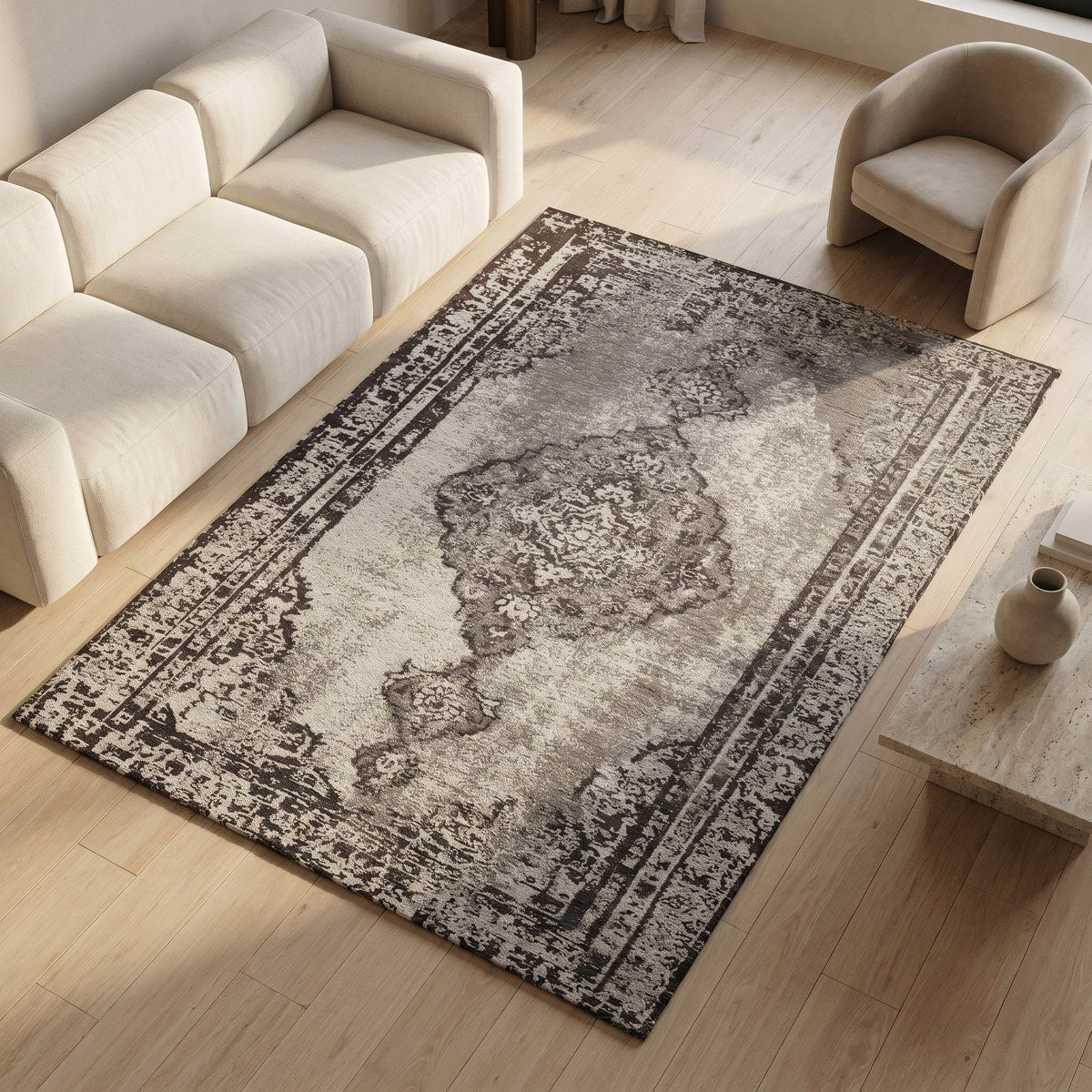 Tapis lavable de salon argenté - Celestia - ambiance salon 2