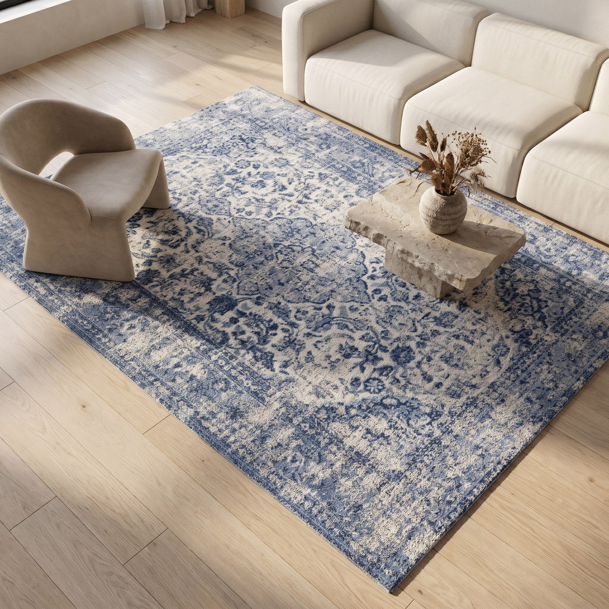Tapis lavable de salon bleu - Forli - ambiance salon 2