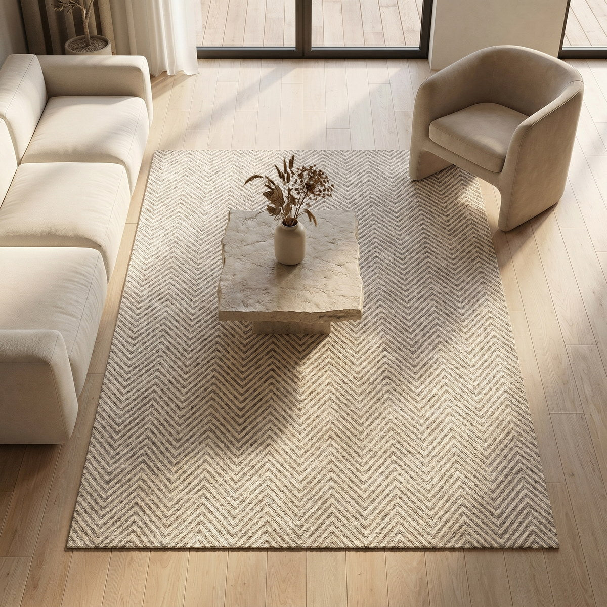 Tapis lavable de salon froid beige - Fiamma - ambiance salon 2