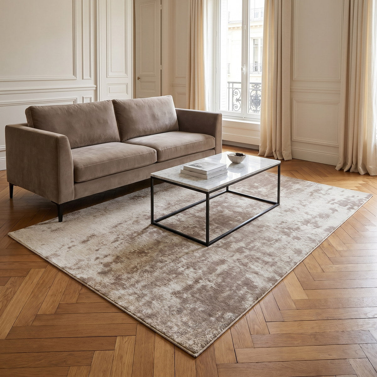 Tapis lavable de salon taupe - Marmo - ambiance salon 3