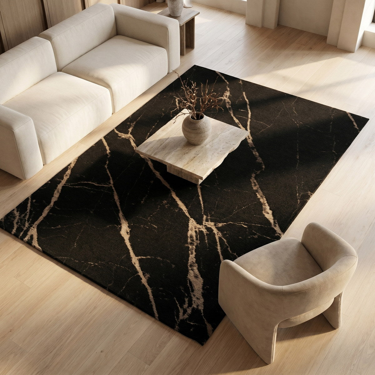 Tapis lavable effet pierre noir - Cortona - ambiance salon 2
