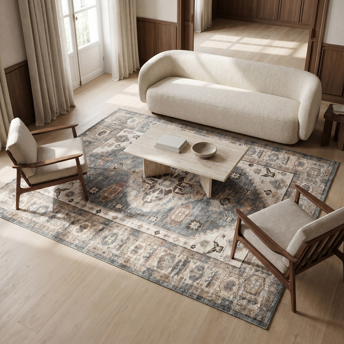 Tapis lavable vintage beige - Riviera - ambiance salon 1