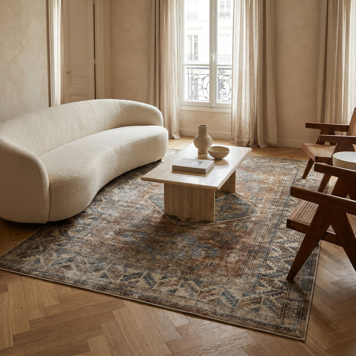 Tapis lavable vintage brun - Palermo - ambiance salon 1