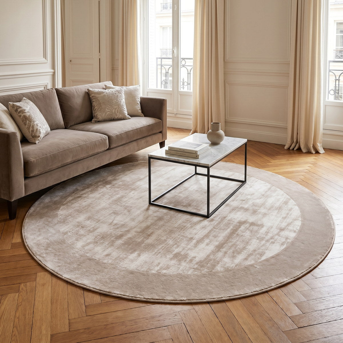 Tapis rond design argenté - Belluno - ambiance salon 3