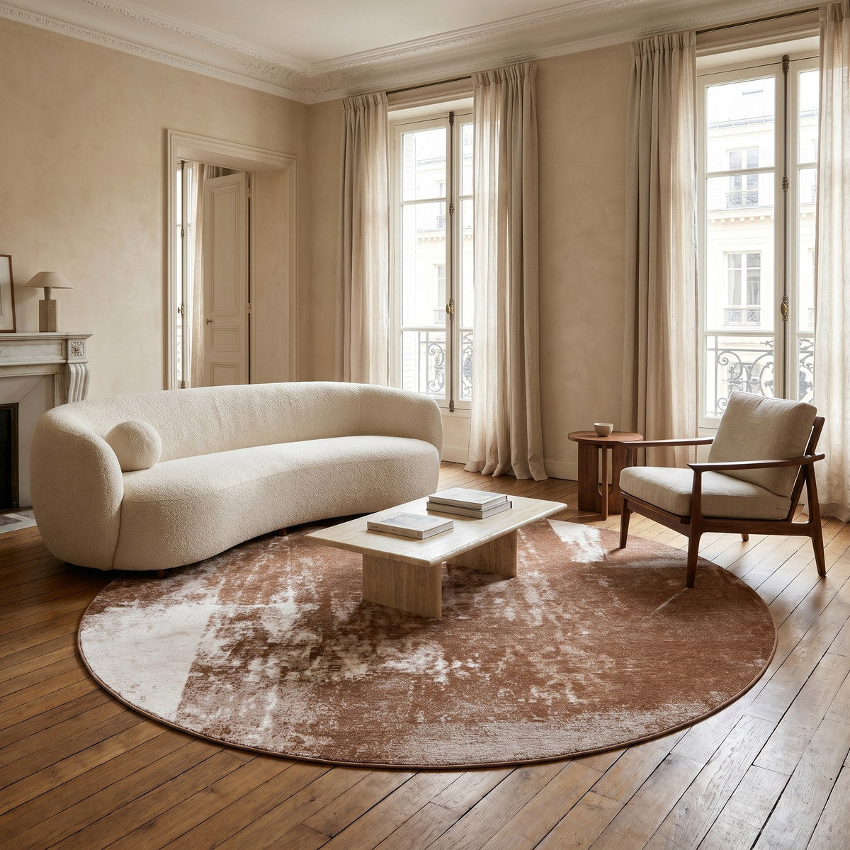 Tapis rond lavable moderne cuivré - Cortina - ambiance salon 1