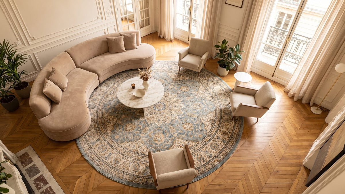 Tapis rond dans un intérieur lumineux et bien proportionné