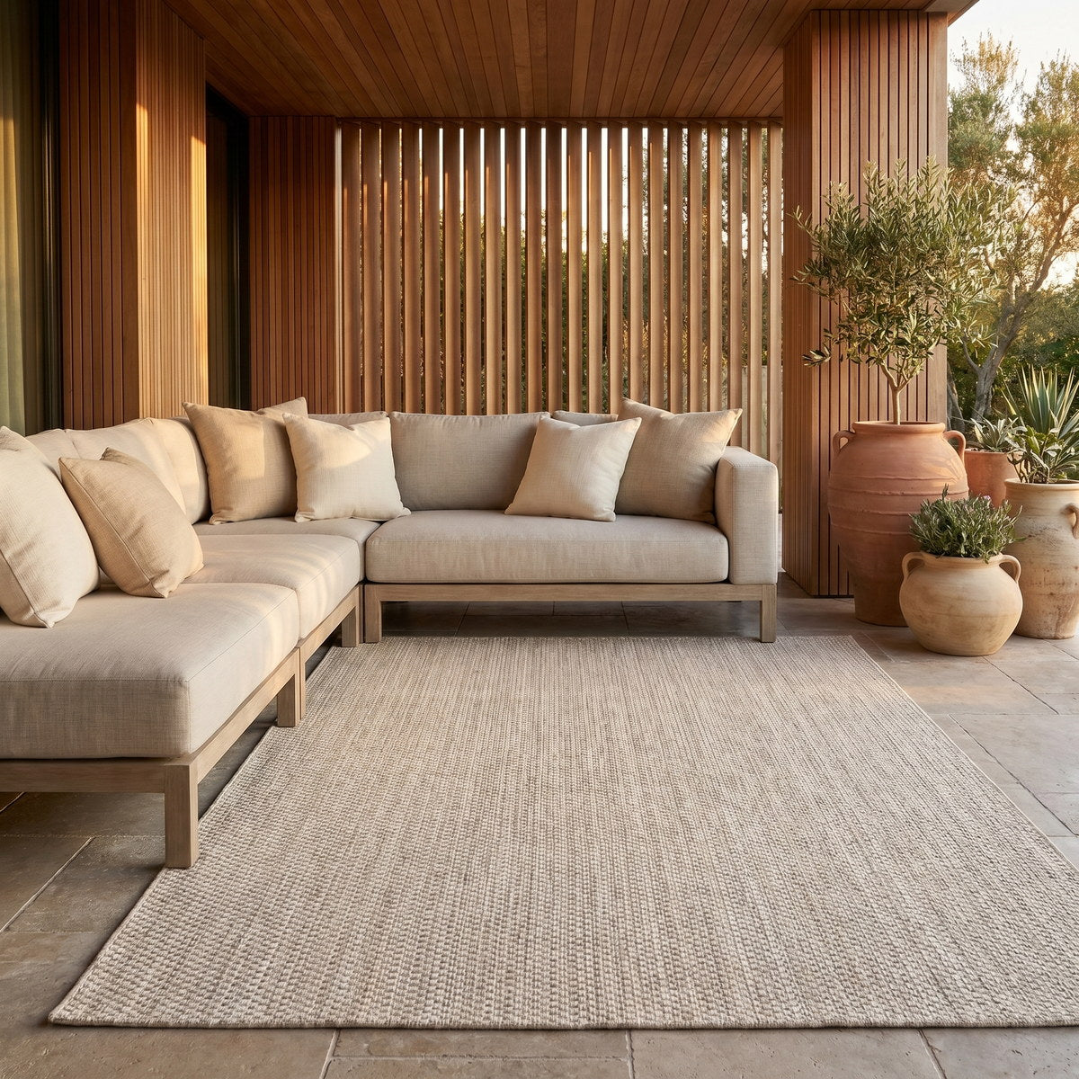 Tapis d’extérieur beige facile d’entretien - Genoa - ambiance terrasse 3