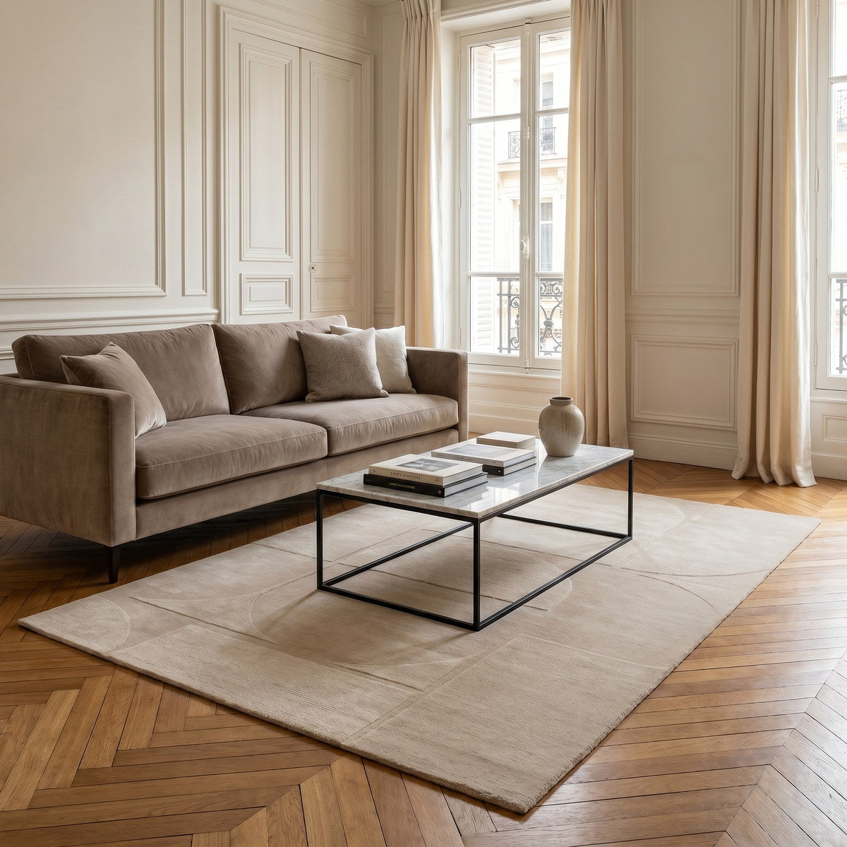 Tapis de salon en laine beige - Varenna - ambiance salon 3