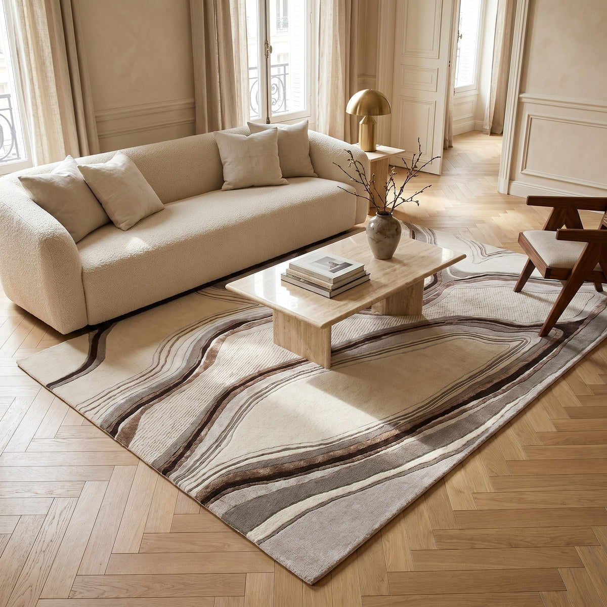 Tapis de salon en laine et viscose beige - Modena - ambiance salon 1