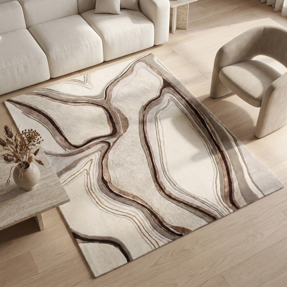 Tapis de salon en laine et viscose beige - Modena - ambiance salon 2