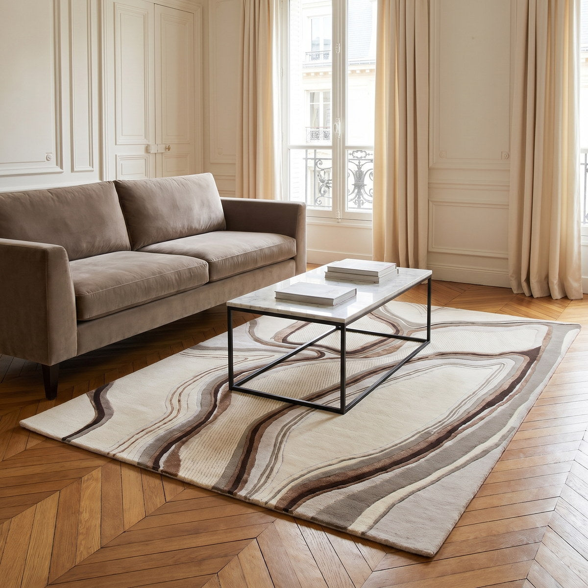 Tapis de salon en laine et viscose beige - Modena - ambiance salon 3