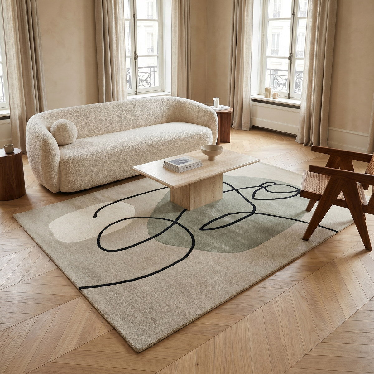 Tapis de salon en laine et viscose beige - Parma - ambiance salon 1