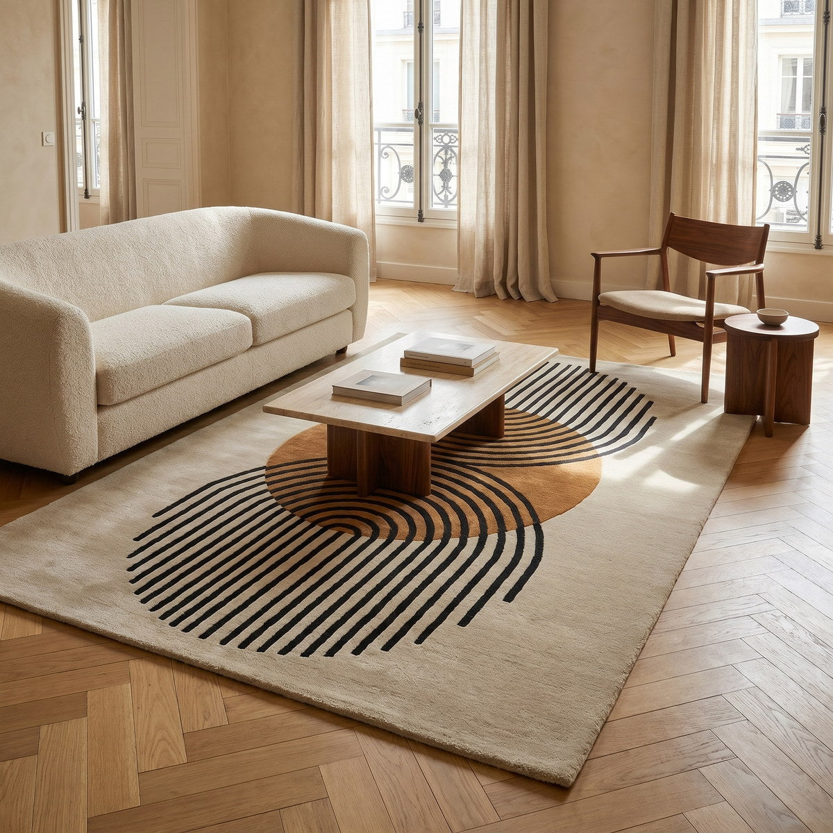 Tapis de salon en laine et viscose corail - Catania - ambiance salon 1