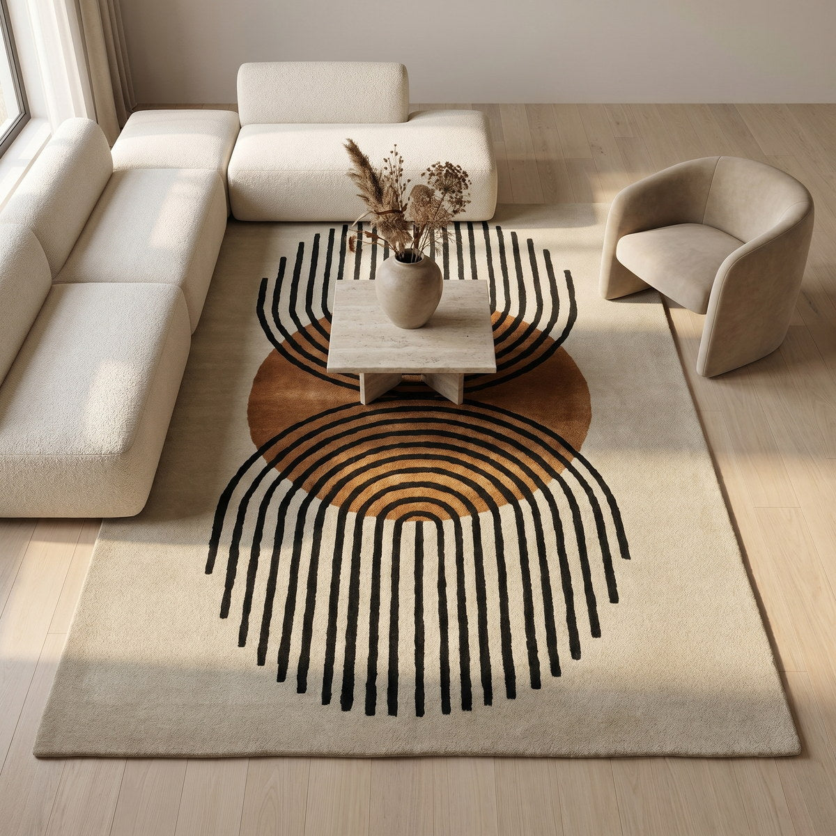 Tapis de salon en laine et viscose corail - Catania - ambiance salon 2