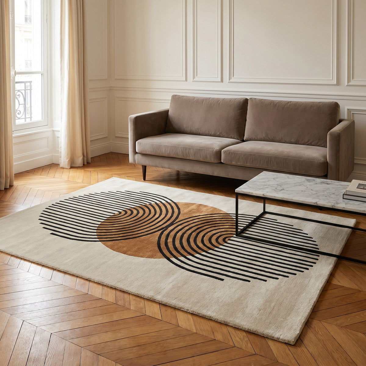 Tapis de salon en laine et viscose corail - Catania - ambiance salon 3