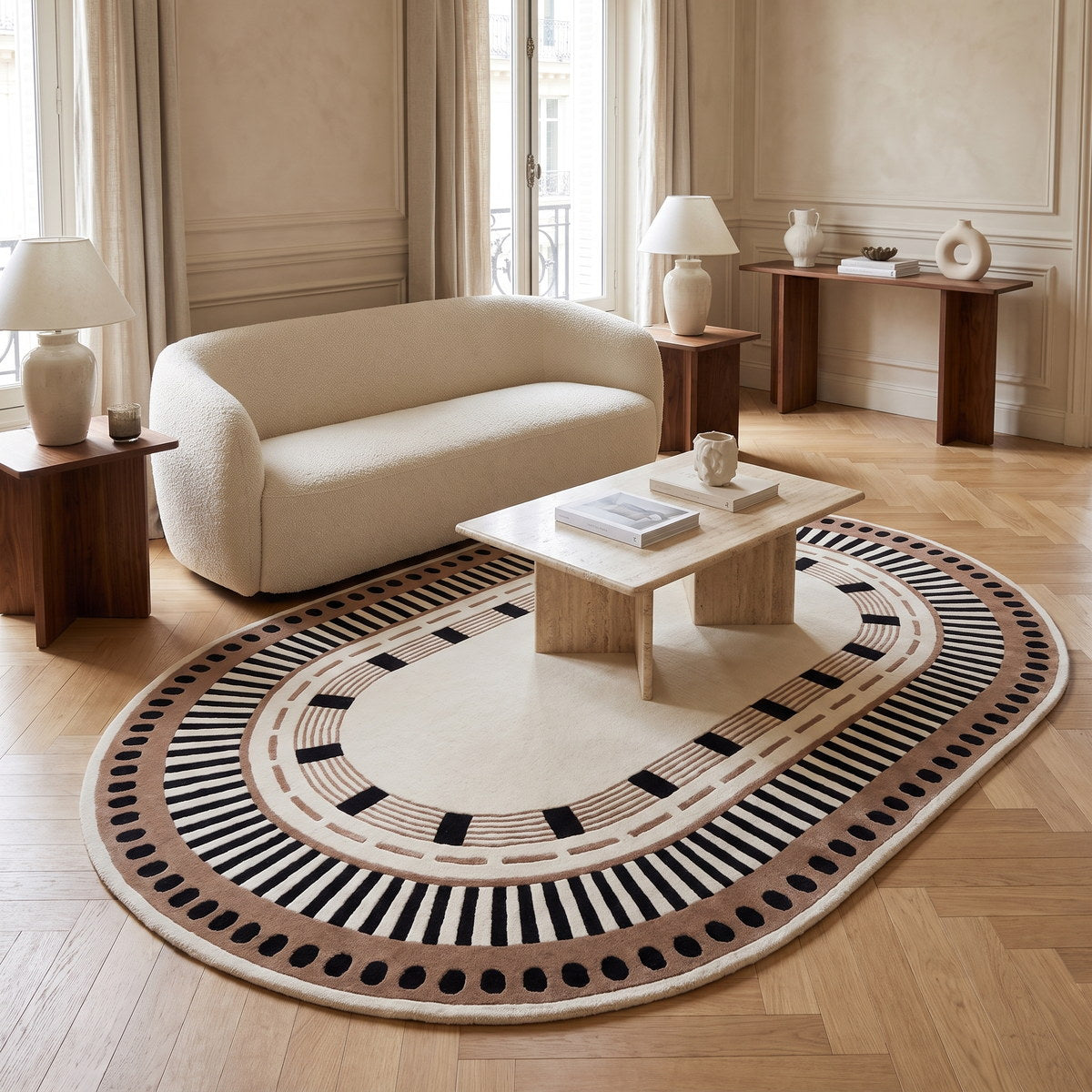 Tapis de salon en laine et viscose ivoire - Capua - ambiance salon 1