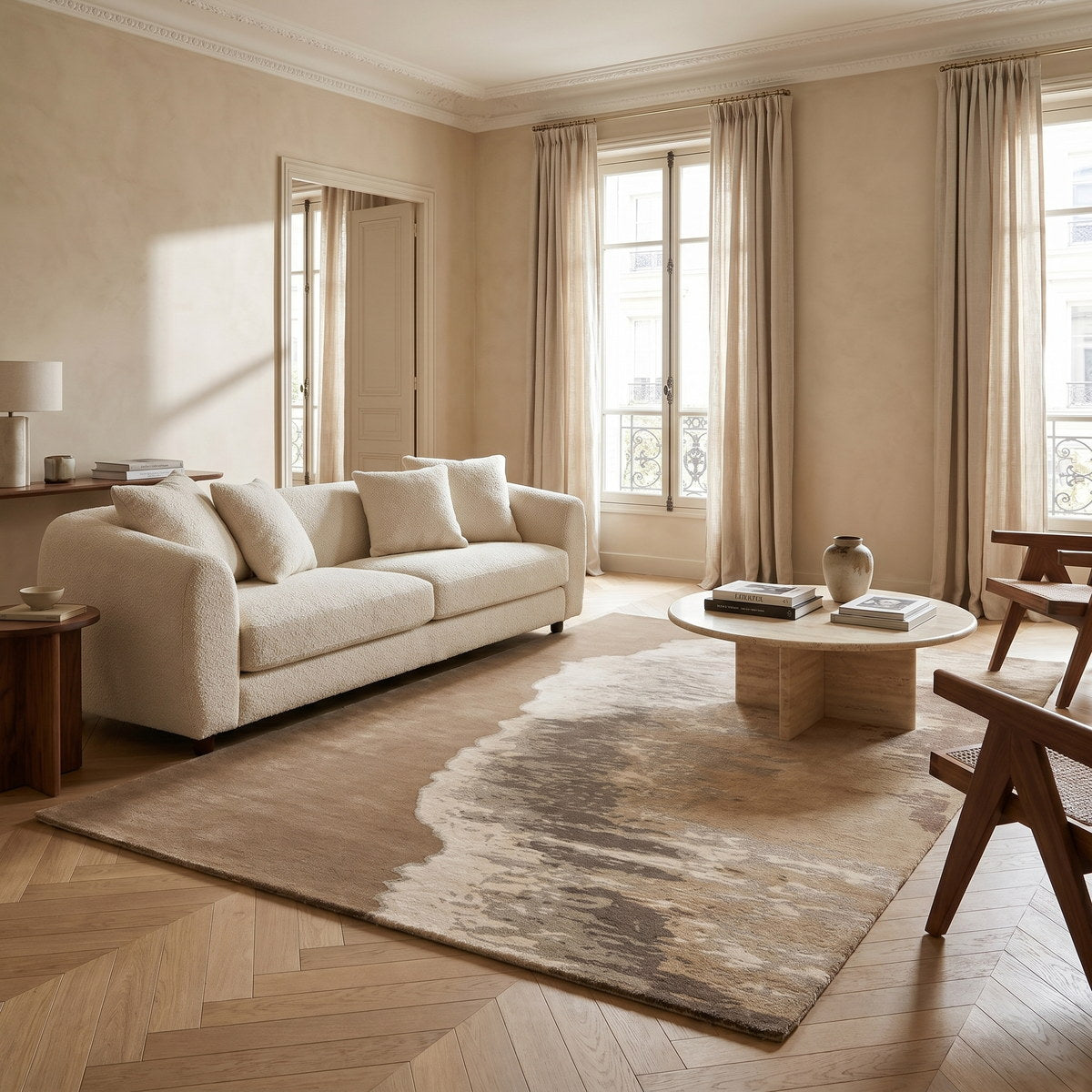 Tapis de salon en laine et viscose naturel - Todi - ambiance salon 1