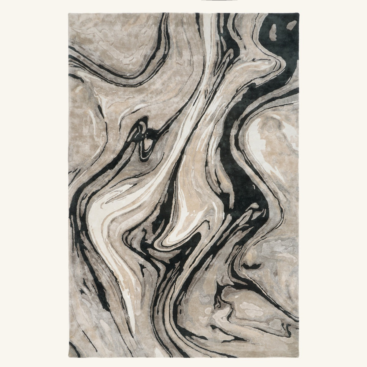 Tapis de salon en laine et viscose noir - Adria - fond #F9F6F0 détouré