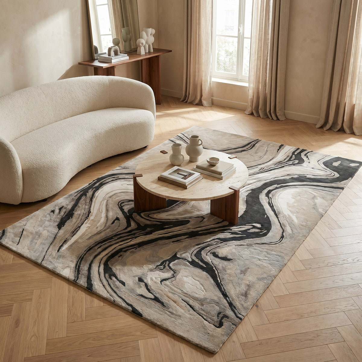 Tapis de salon en laine et viscose noir - Adria - ambiance salon 1