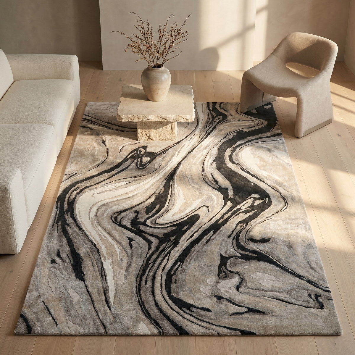 Tapis de salon en laine et viscose noir - Adria - ambiance salon 2