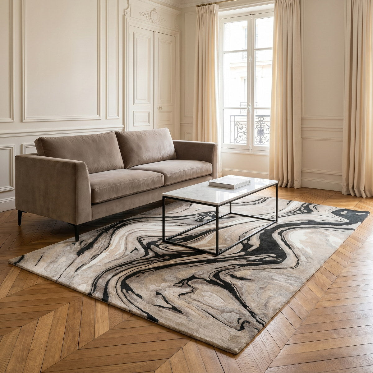 Tapis de salon en laine et viscose noir - Adria - ambiance salon 3
