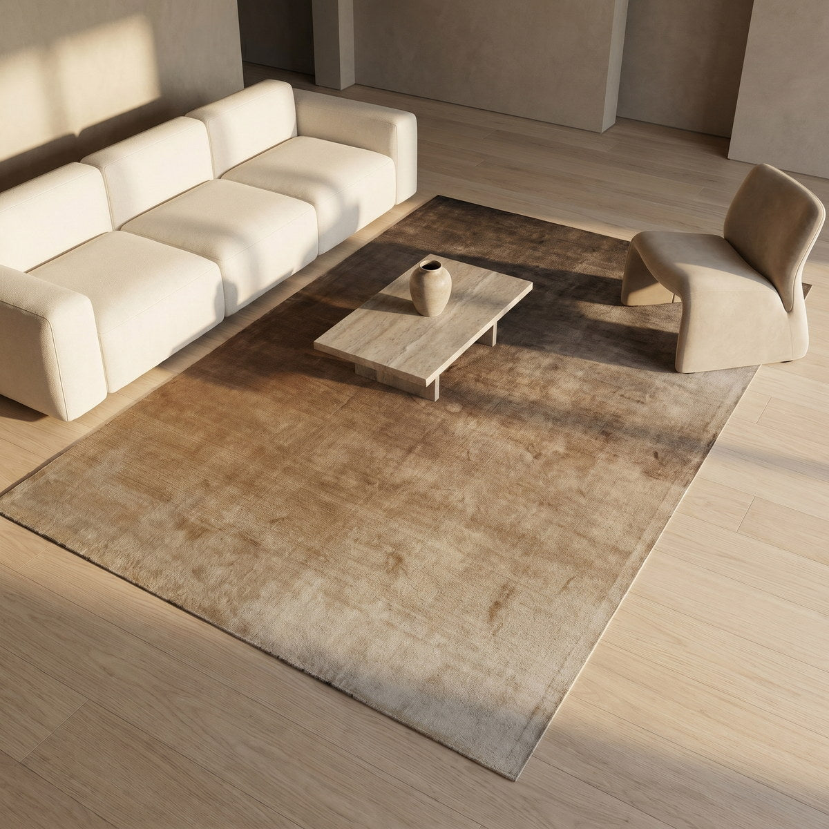 Tapis design en tencel taupe - Noto - ambiance salon 2