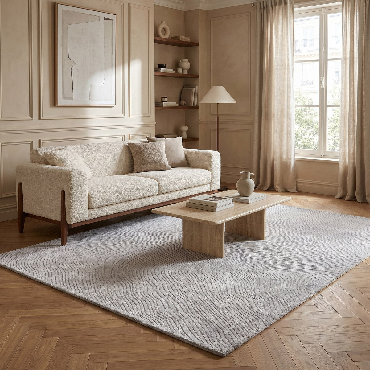 Tapis design en viscose argenté - Novara - ambiance salon 1