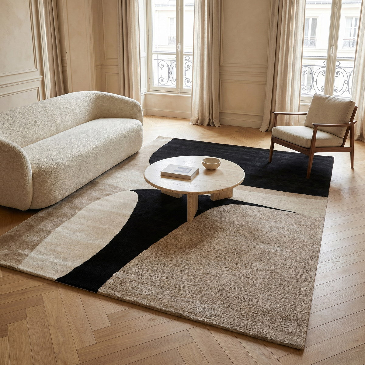 Tapis design en viscose beige - Prato - ambiance salon 1
