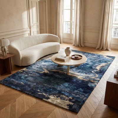 Tapis design en viscose bleu - Mira - ambiance salon 1