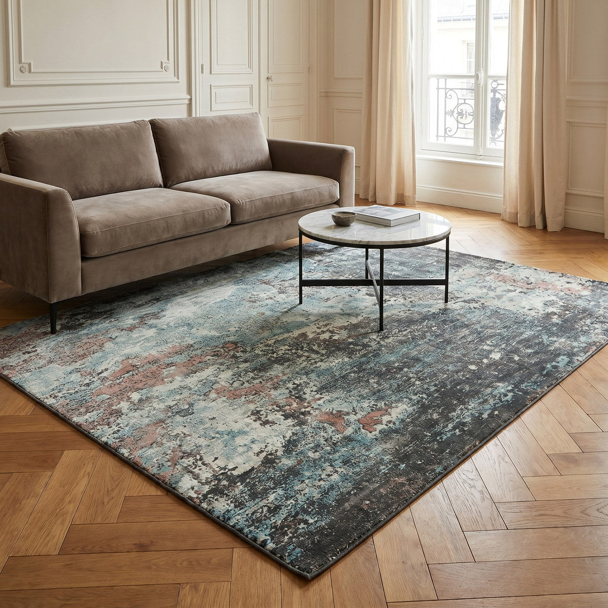 Tapis design en viscose naturel - Rosalia - ambiance salon 3