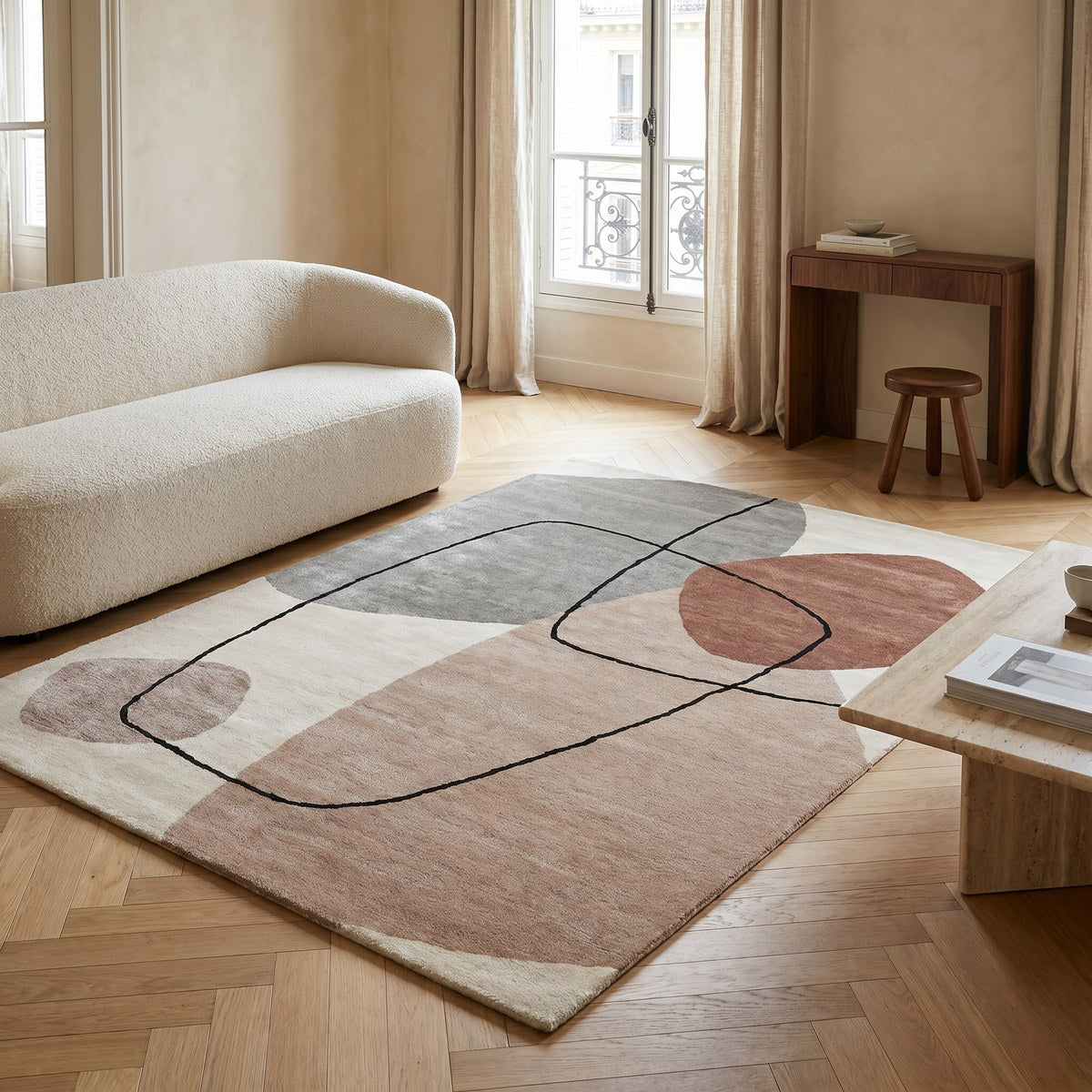 Tapis design en viscose sable - Enna - ambiance salon 1