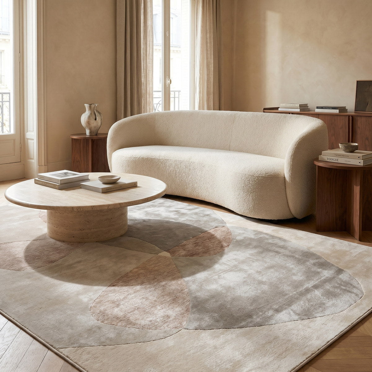 Tapis design en viscose beige - Brescia - ambiance salon 1
