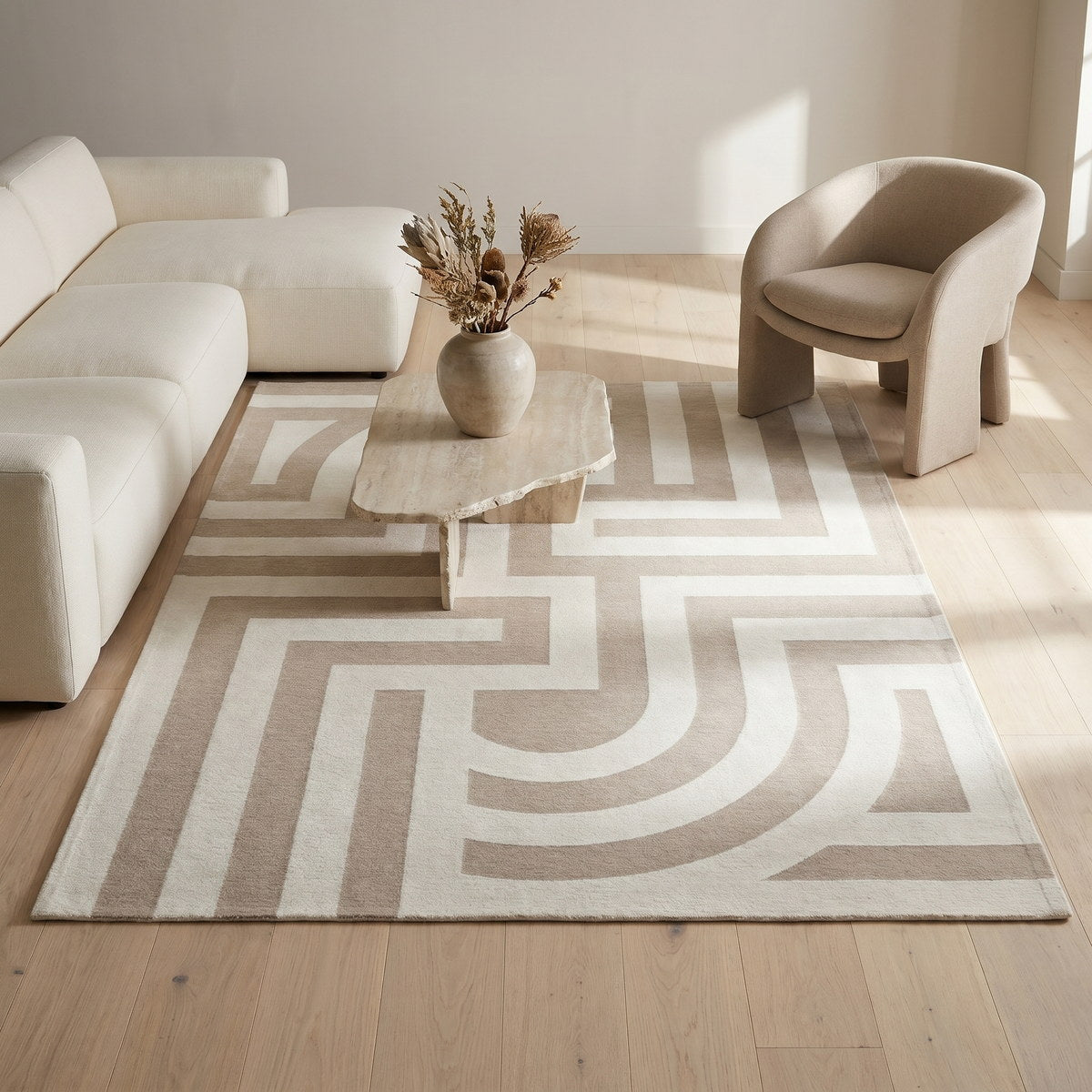 Tapis lavable art déco beige - Nerina - ambiance salon 2
