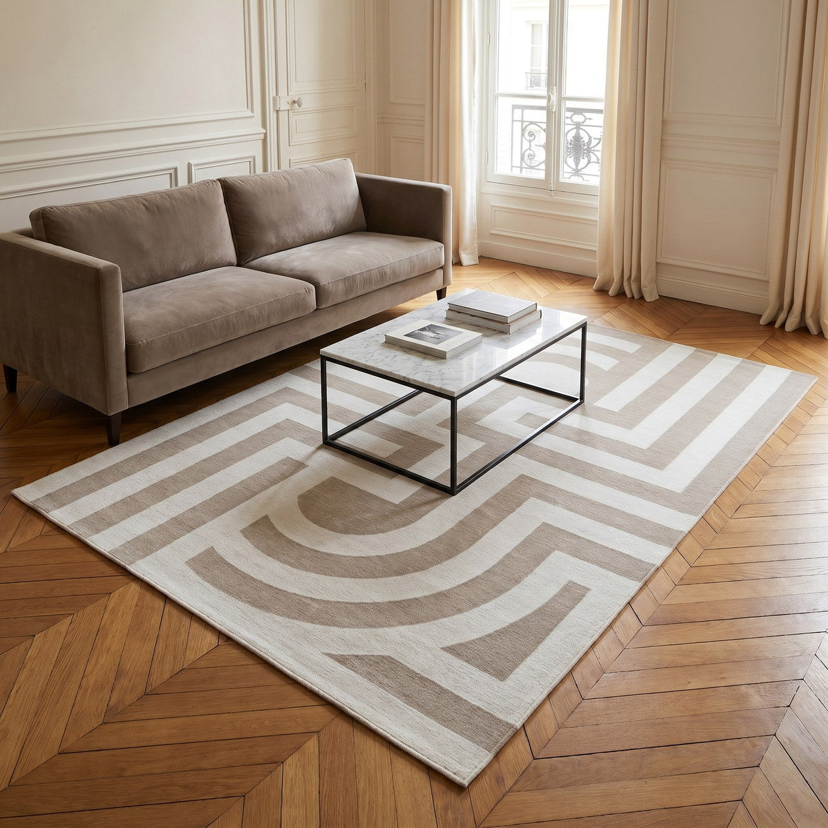 Tapis lavable art déco beige - Nerina - ambiance salon 3